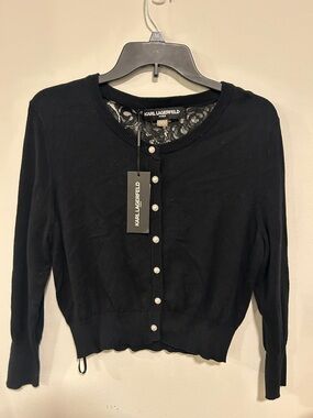 Karl Lagerfeld Black Pearl-Button Lace-Back Cardigan